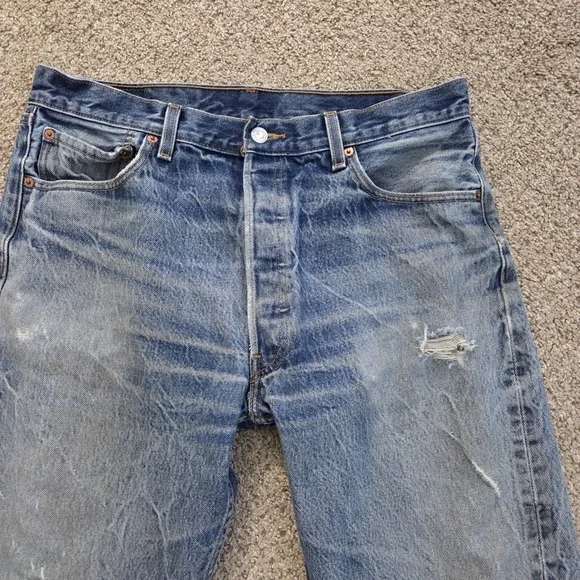 Levis 501 Jeans Mens 36x38 Blue Denim Straight Leg Button Fly Distressed Stained - Picture 3 of 16